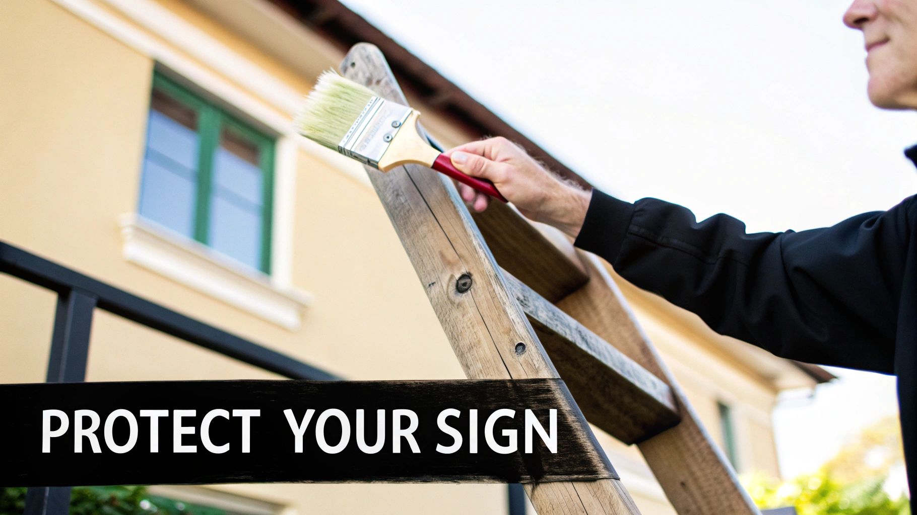 A person's hand holds a paintbrush near a wooden ladder, preparing for painting or maintenance, with a 'PROTECT YOUR SIGN' overlay.