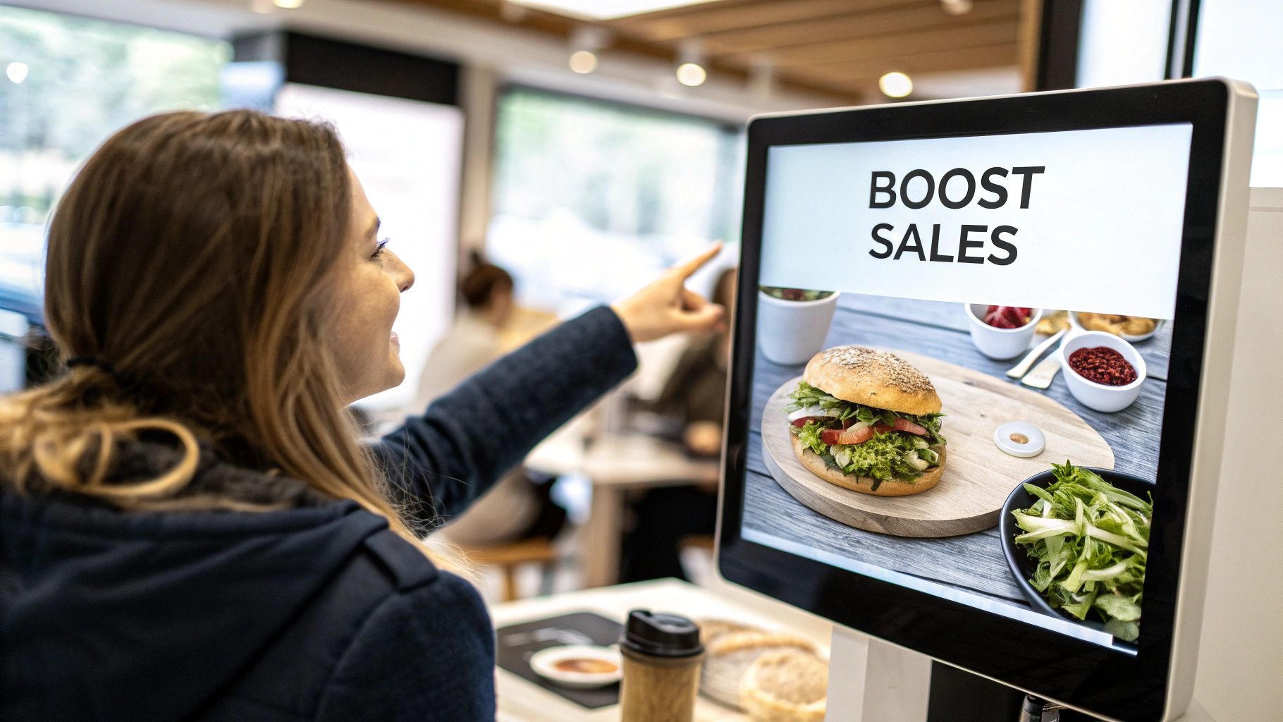 Woman points at a digital menu screen displaying a burger, salad, and 'BOOST SALES' message.
