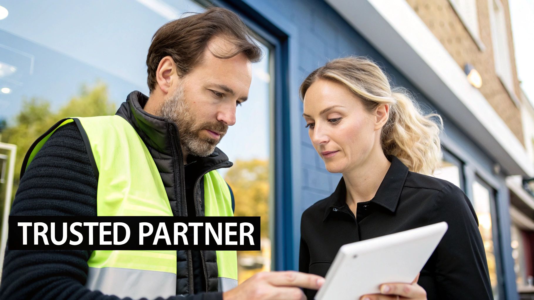 A man in a high-vis vest and a woman look at a tablet together, emphasizing trusted partnership.
