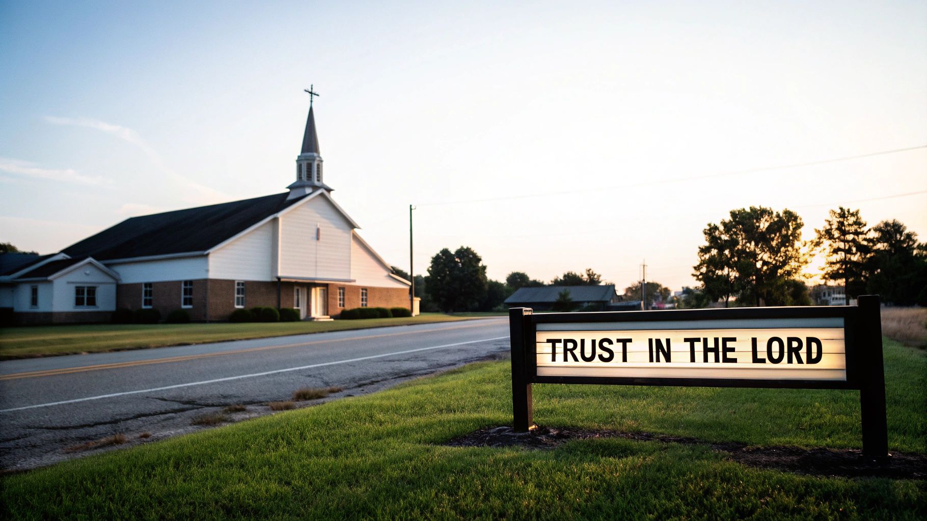 A white church with a steeple and a sign saying 'Trust in the Lord' beside a road.