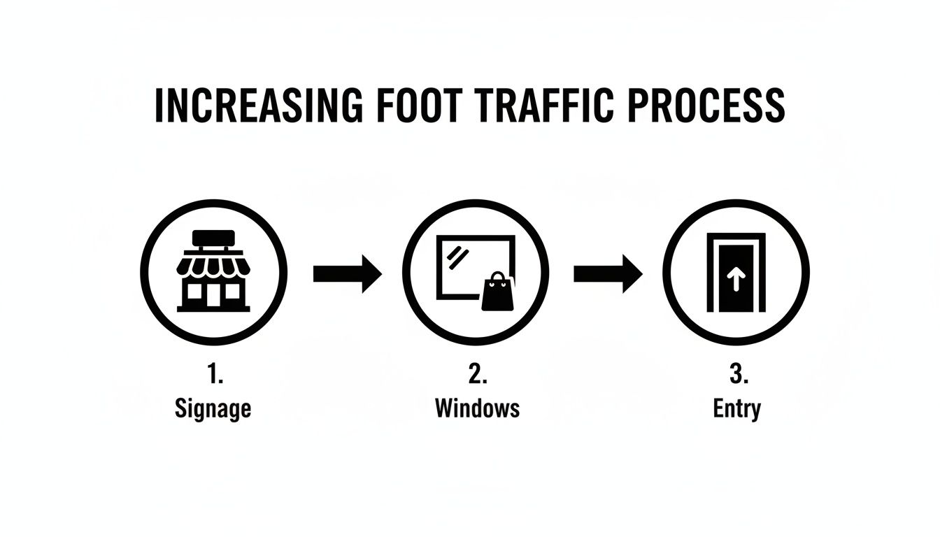 Flowchart illustrating the three-step process to increase retail foot traffic: signage, windows, and entry.