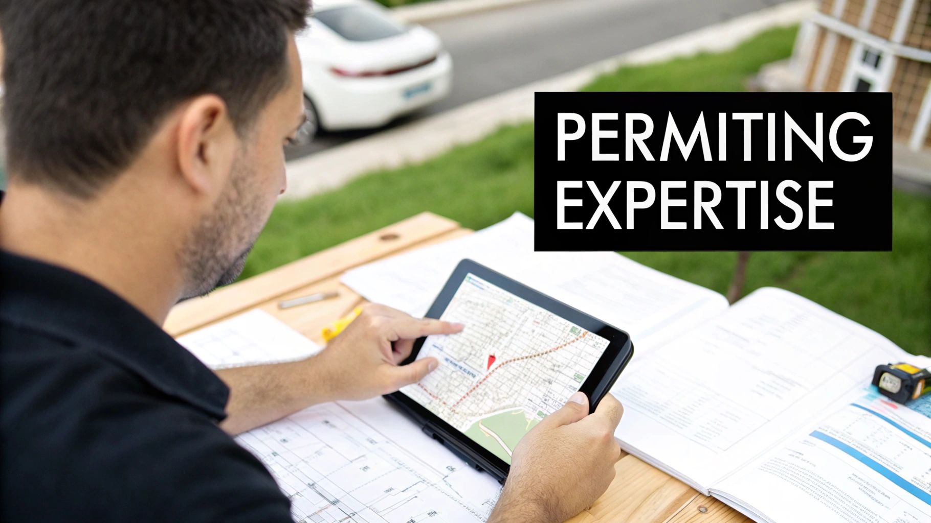 A man uses a tablet to review a map with construction blueprints, displaying "PERMITTING EXPERTISE".