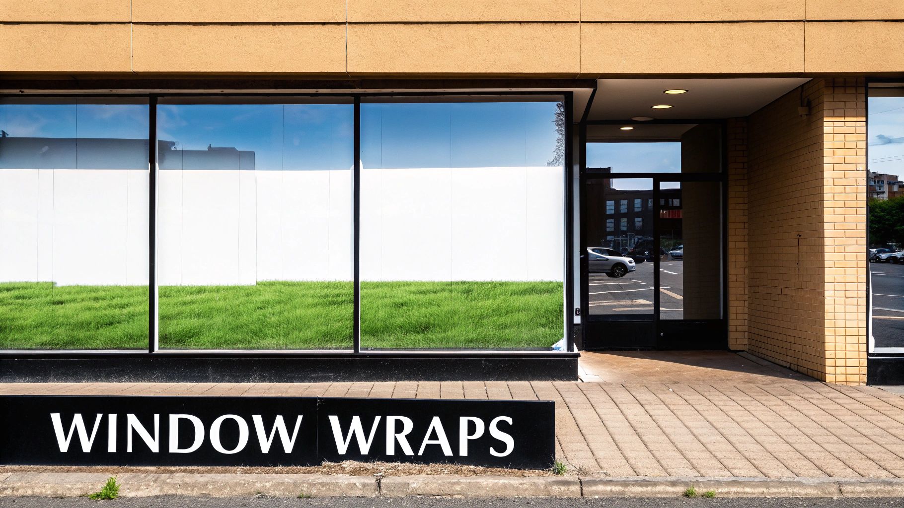 Exterior view of a modern building with large windows displaying a "WINDOW WRAPS" sign and artificial grass.