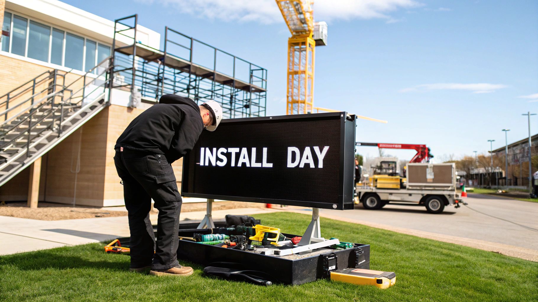 A worker in a hard hat installs an electronic sign displaying 'INSTALL DAY' at a construction site.