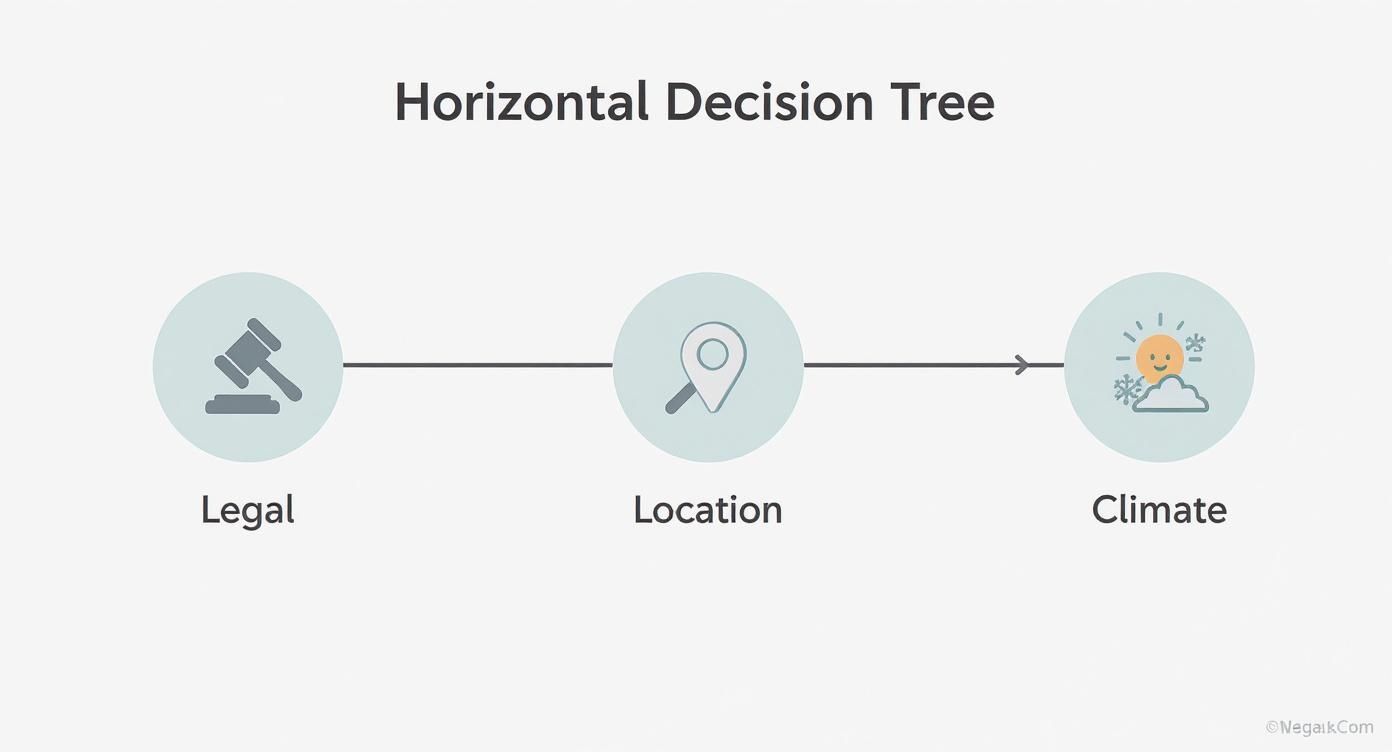 Horizontal decision tree diagram showing three connected factors: legal, location, and climate considerations