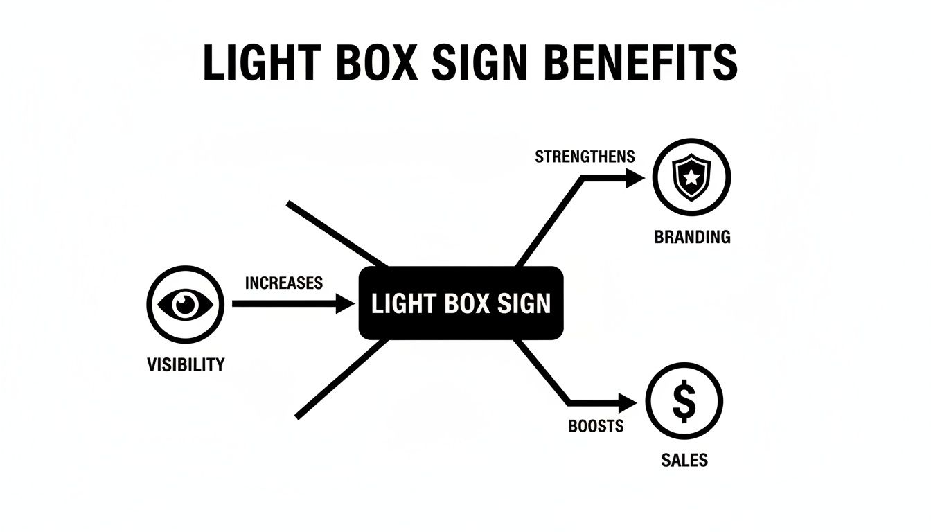 Diagram illustrating the benefits of a light box sign: increases visibility, strengthens branding, and boosts sales.
