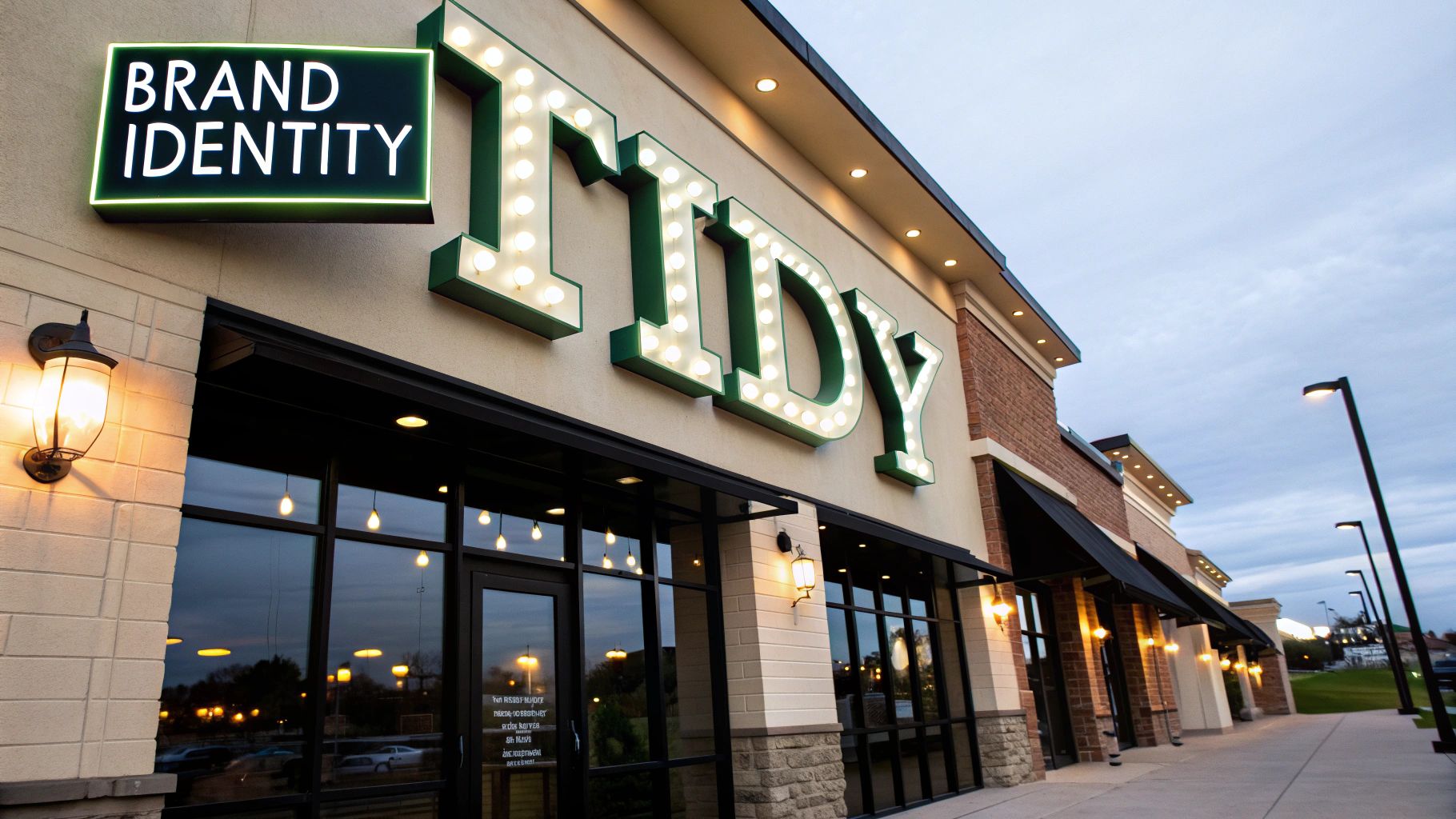 Exterior view of a commercial building with a 'BRAND IDENTITY' neon sign and large 'TIDY' marquee letters.