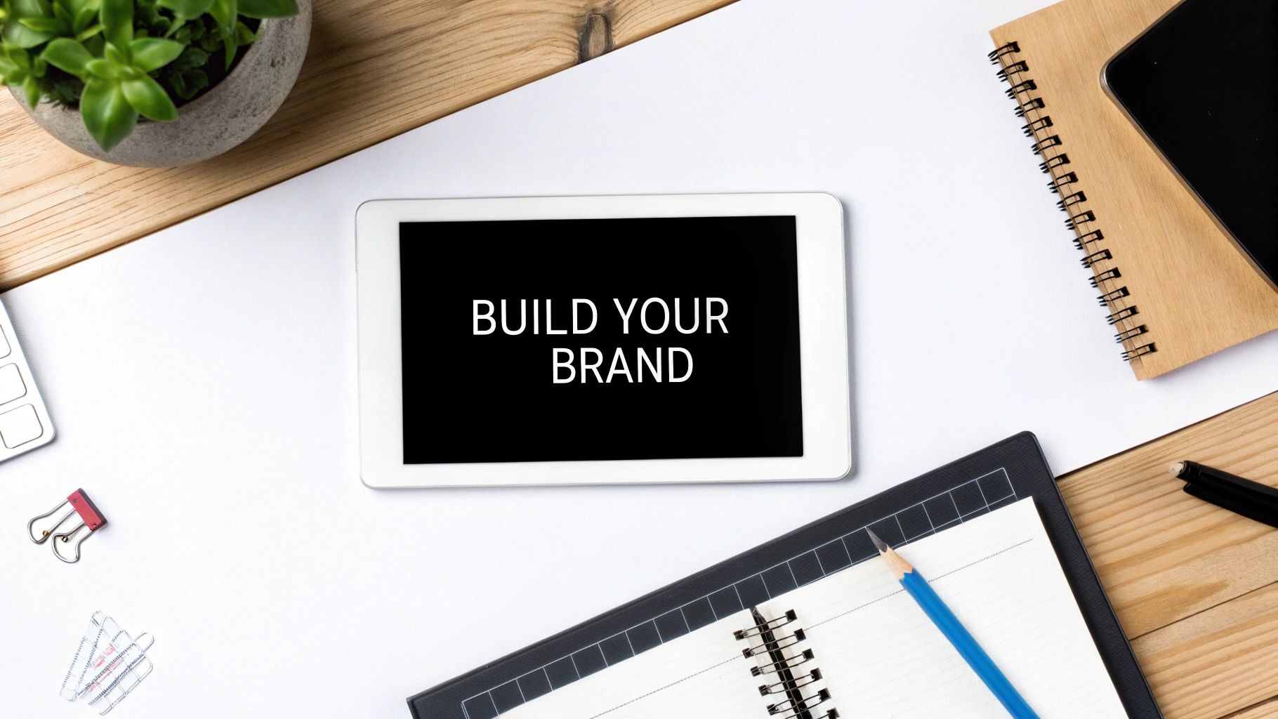 Tablet on a desk shows 'BUILD YOUR BRAND' surrounded by a plant, notebooks, and office supplies.