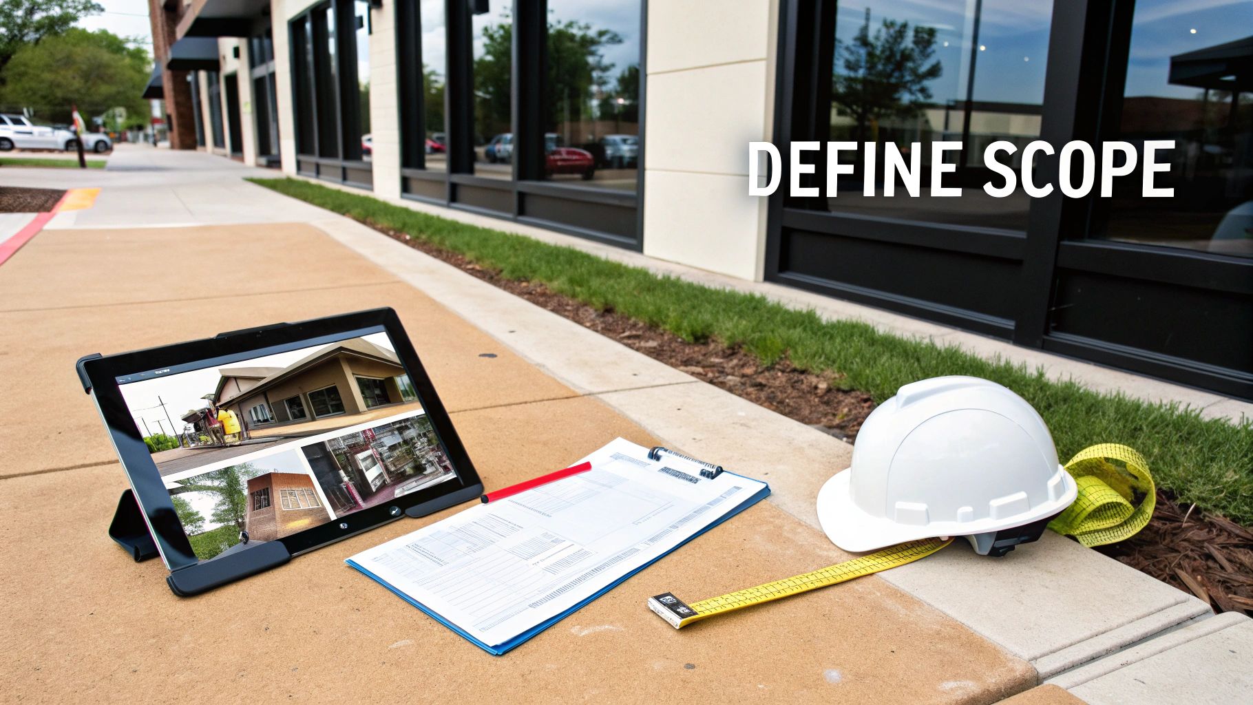A tablet displaying building images, a clipboard, hard hat, and measuring tape on a sidewalk.