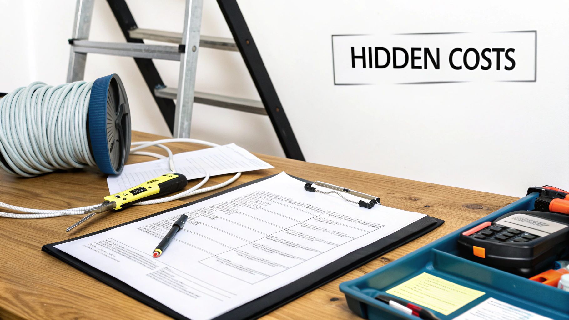 A desk with construction tools, a document, and a calculator, with 'HIDDEN COSTS' on the wall.