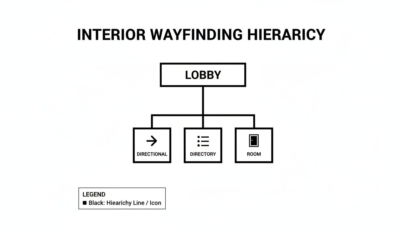 A black and white hierarchy diagram illustrating interior wayfinding elements, from Lobby to Directional, Directory, and Room.
