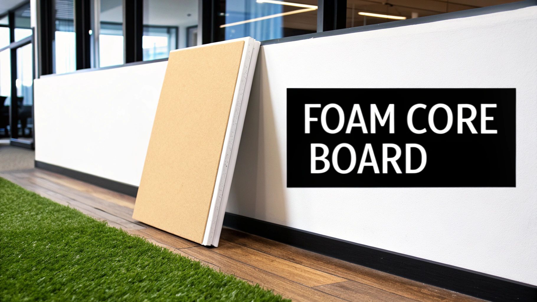 Two foam core boards, one labeled, leaning against a white wall in a modern office.