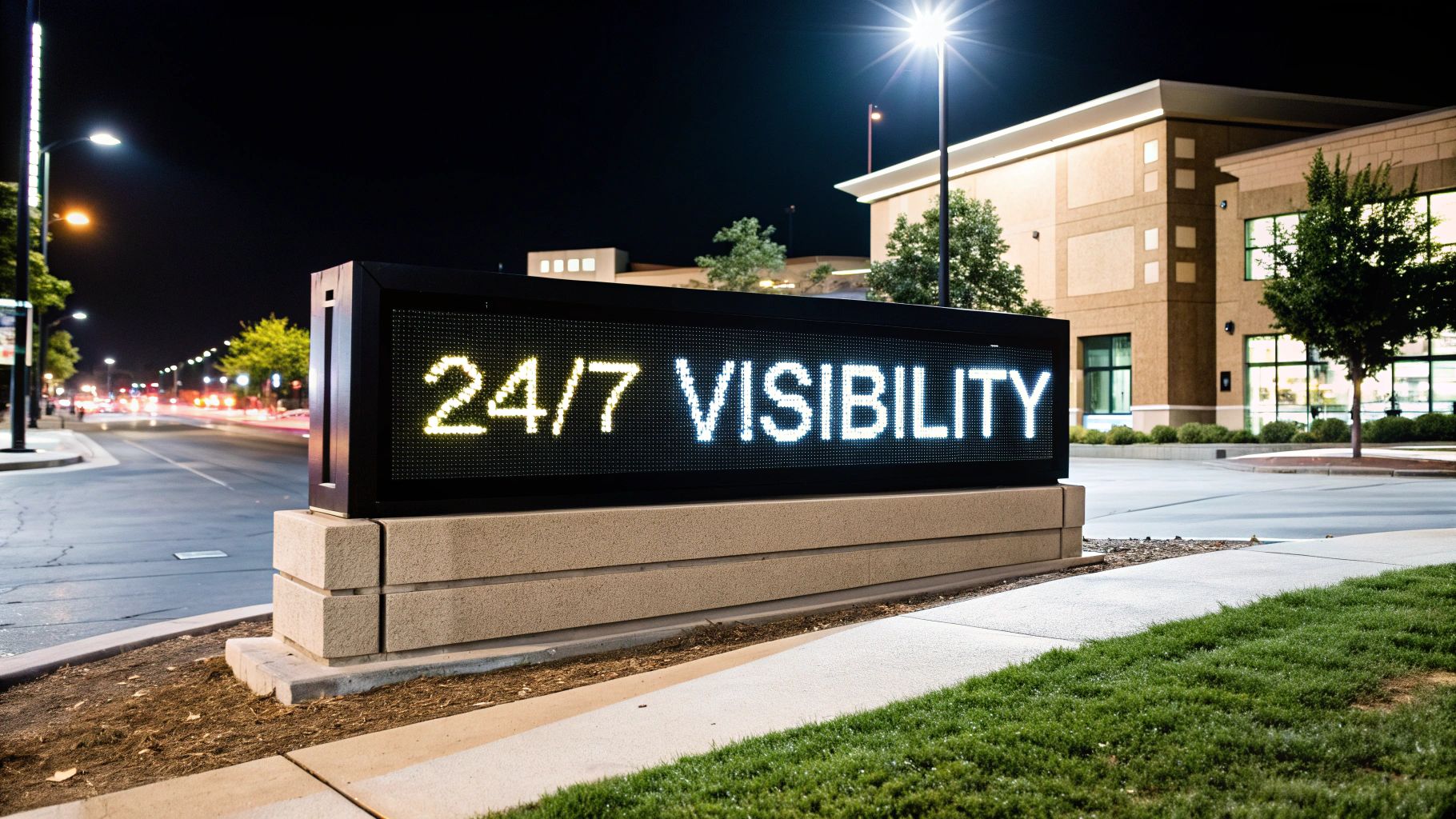 A bright digital monument sign at night displays '24/7 VISIBILITY' by a street with buildings.
