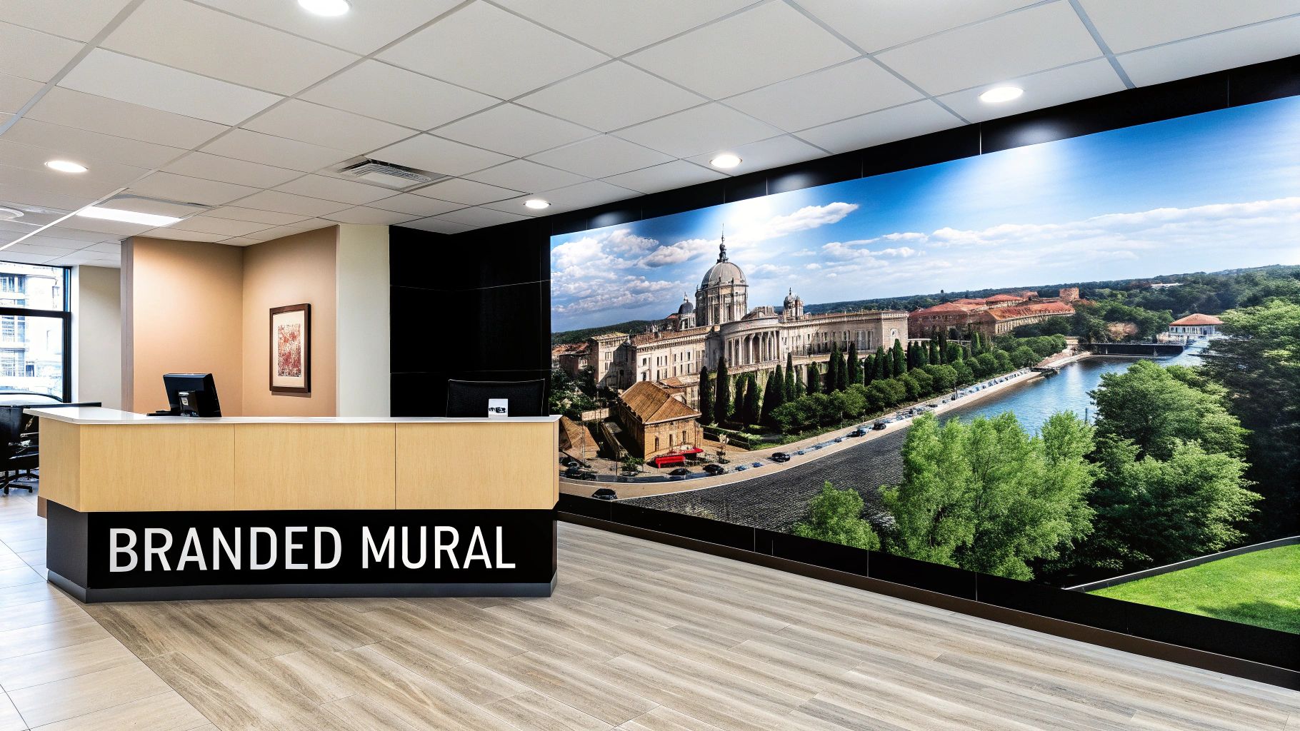 Modern office reception area with a branded desk and a large wall mural displaying a historic city.