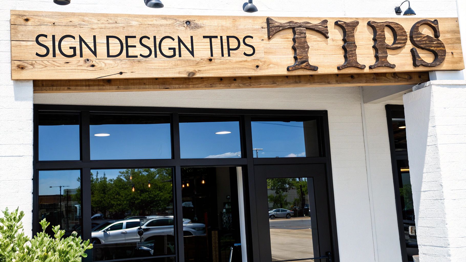 A rustic wooden sign above a storefront reads 'SIGN DESIGN TIPS' with textured letters.