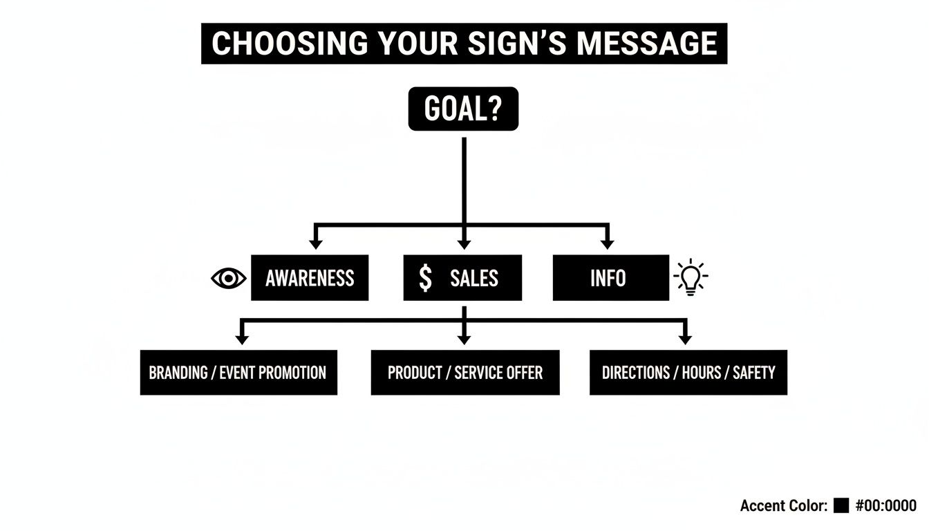Flowchart illustrating how to choose a sign's message based on goals: awareness, sales, or information.