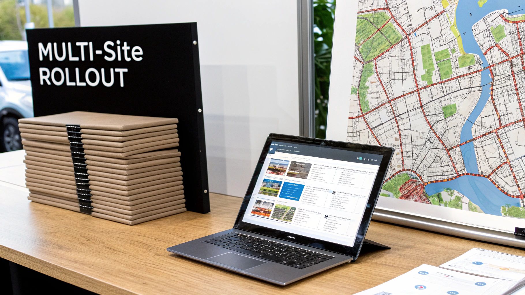 A desk with a 'MULTI-Site ROLLOUT' sign, stacked folders, a laptop, and a large city map.