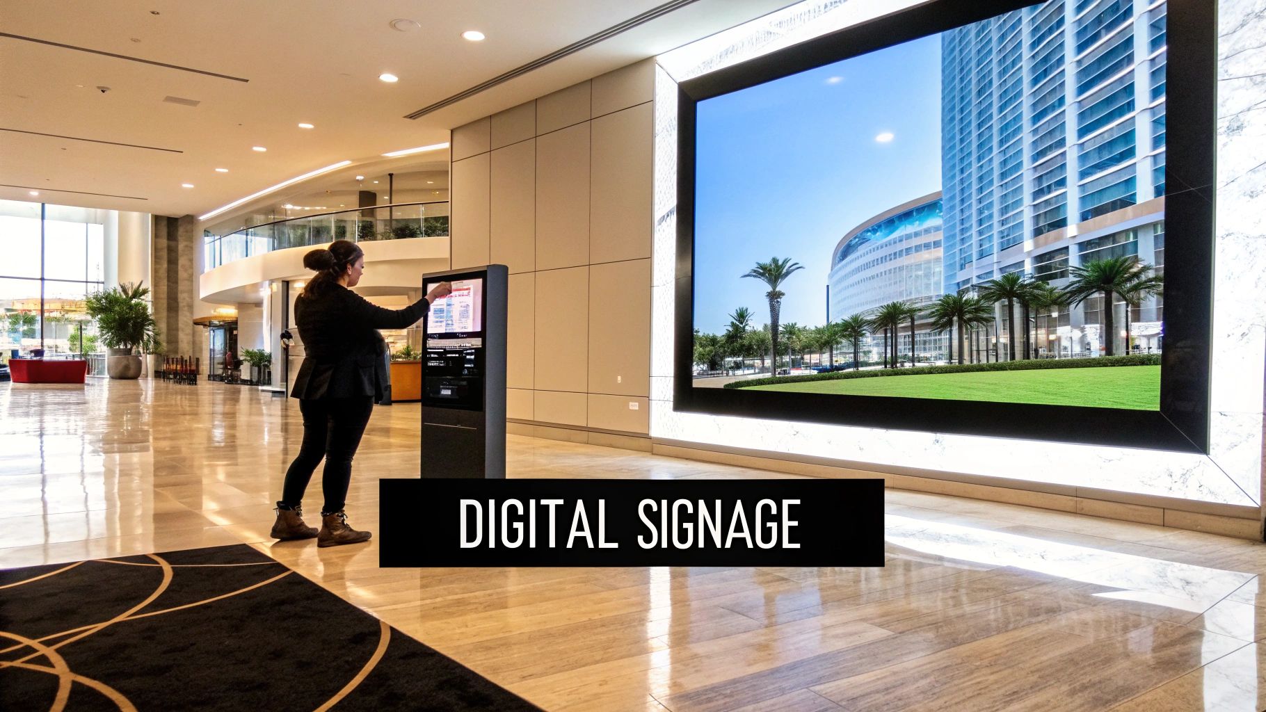 A large digital display in a modern commercial building lobby showing a vibrant city scene.