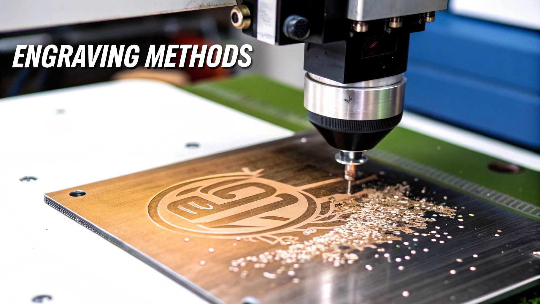 Close-up of a CNC machine engraving a custom design onto a metal sheet, creating metal shavings.