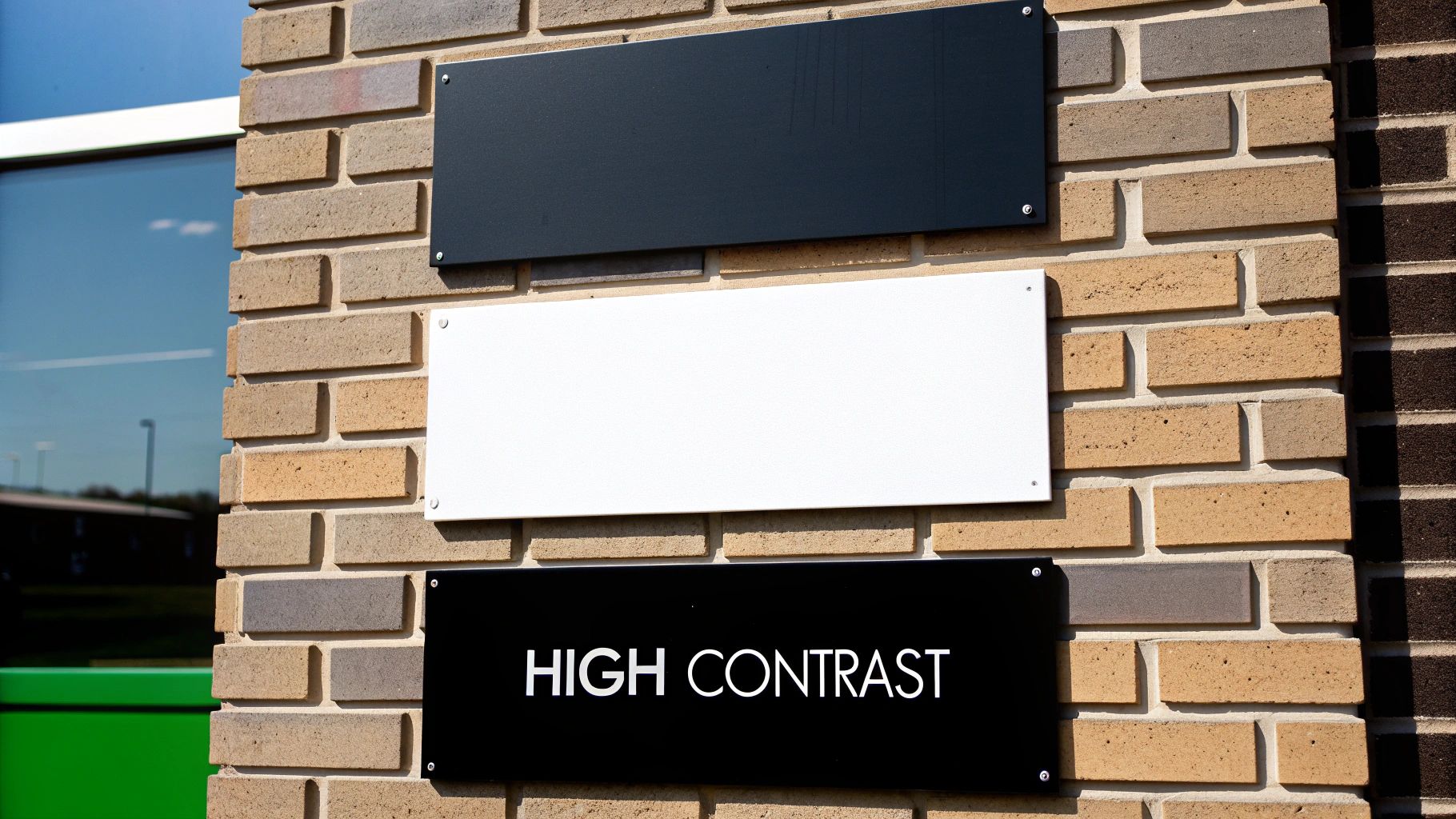 Three rectangular signs, one black with 'HIGH CONTRAST' text, mounted on a light brown brick wall.