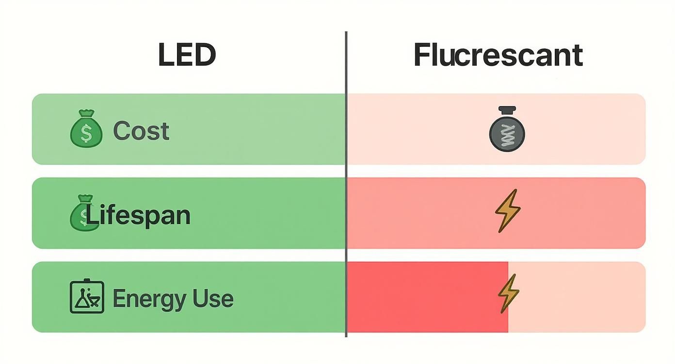 A comparison chart highlighting the benefits of LED lighting over fluorescent in cost, lifespan, and energy use.