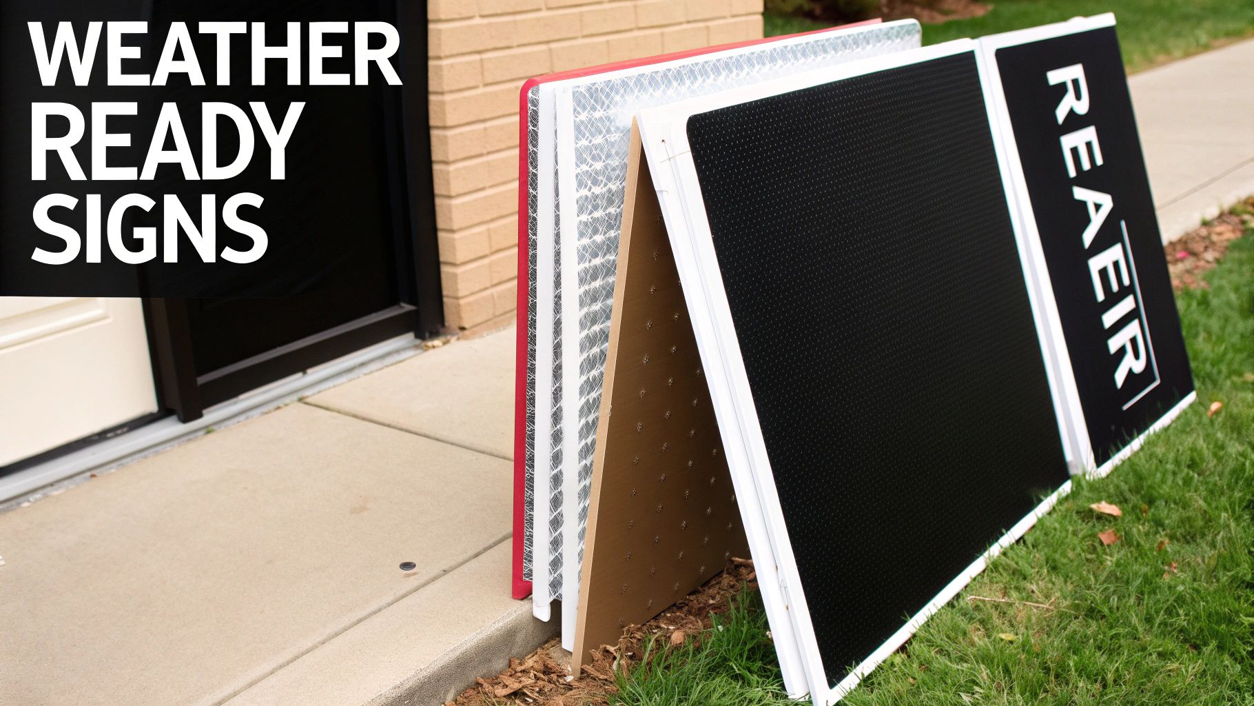 Multiple weather-ready A-frame signs displayed outdoors on a sidewalk next to a building and grass.
