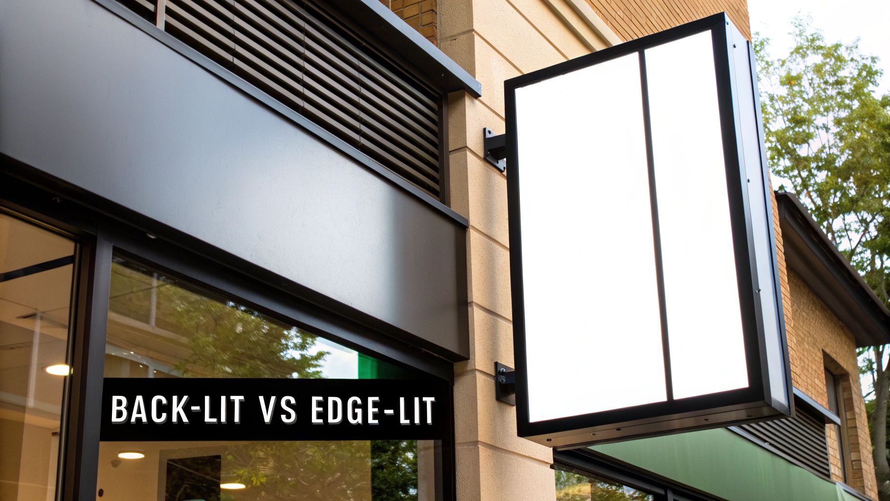 A blank, brightly illuminated rectangular outdoor lightbox sign with a dark frame on a building.