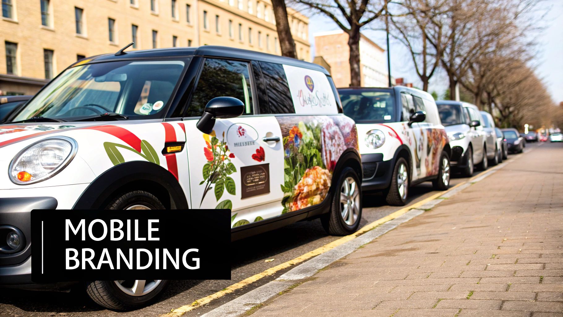 Row of uniquely branded Mini Cooper cars parked on a city street, showcasing mobile branding.