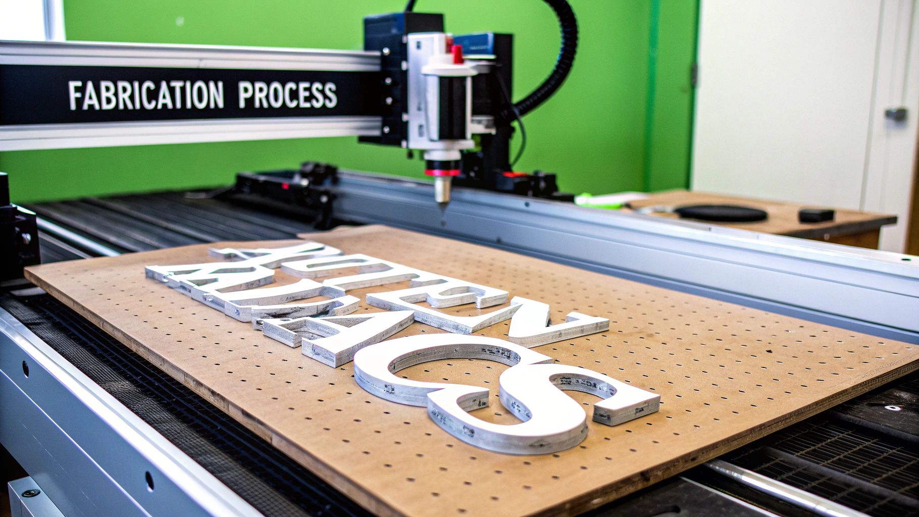 CNC router actively cutting custom brushed aluminum letters on a perforated work surface.