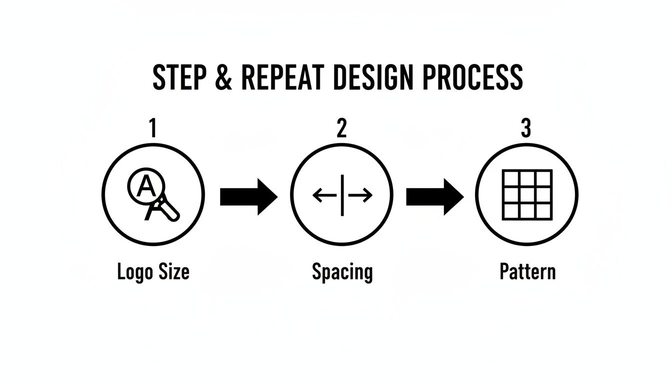 A visual guide to the step and repeat design process, showing stages for logo size, spacing, and pattern creation.
