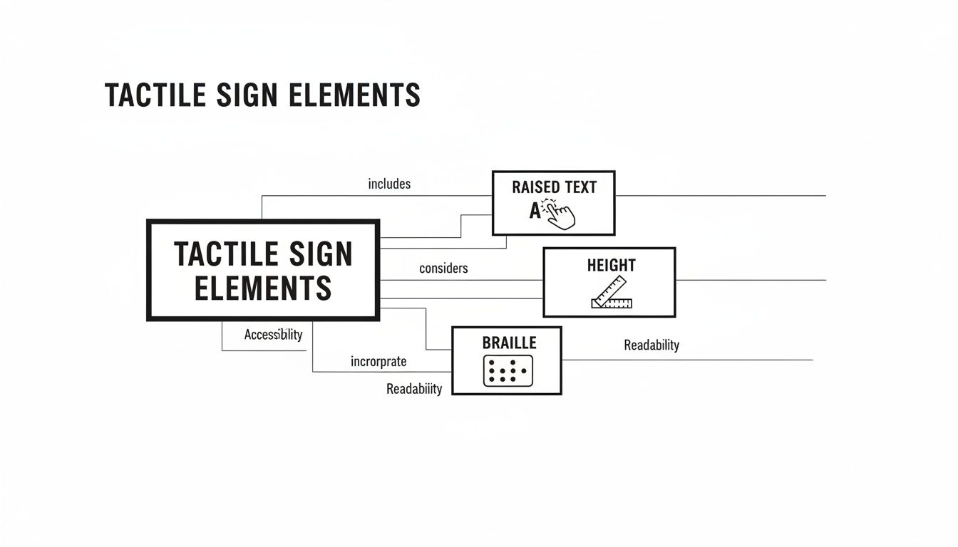 Diagram illustrating tactile sign elements such as raised text, braille, and height, emphasizing their importance for accessibility and readability.