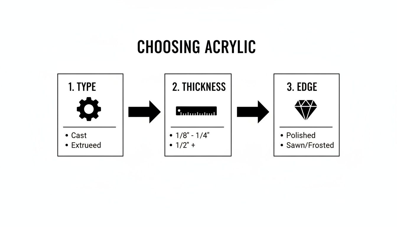 A flowchart explaining how to choose acrylic, considering type, thickness, and edge finish.
