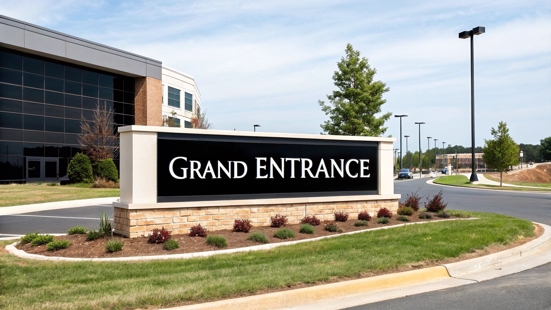 A well-landscaped entrance featuring a prominent 'GRAND ENTRANCE' sign and a modern glass building.