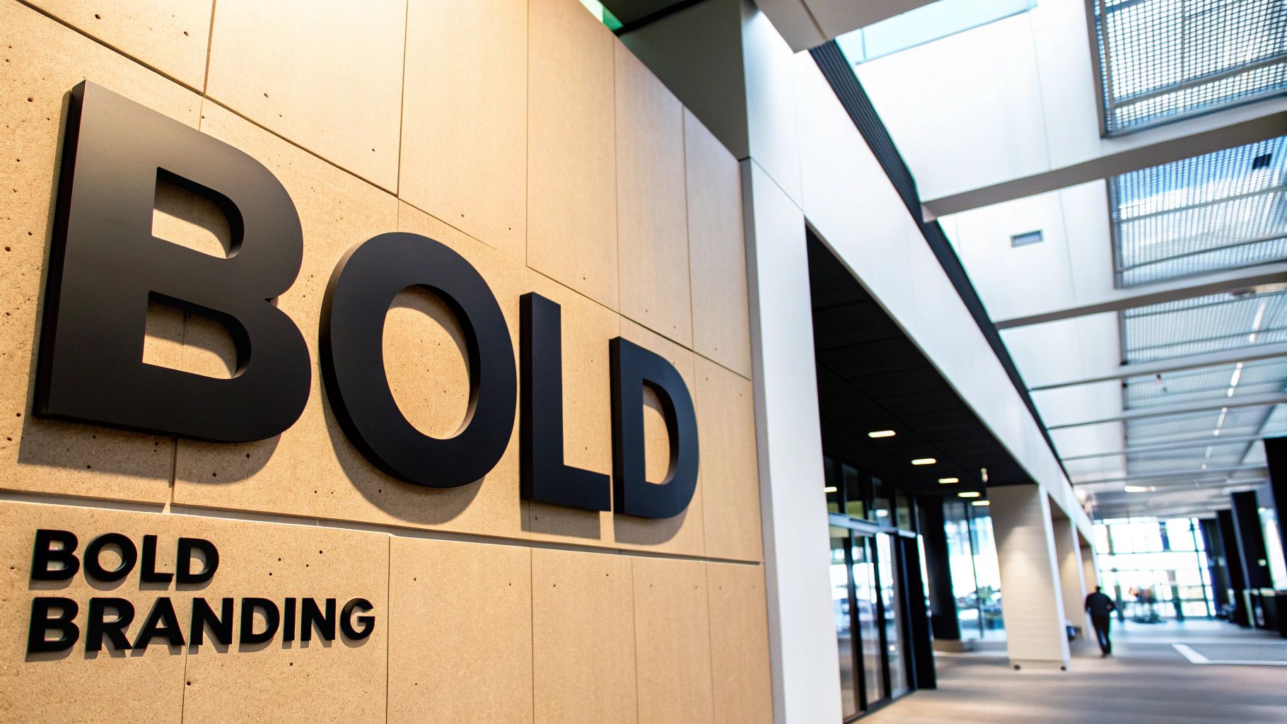 Bold three-dimensional letters on office wall displaying modern corporate branding design in professional building interior