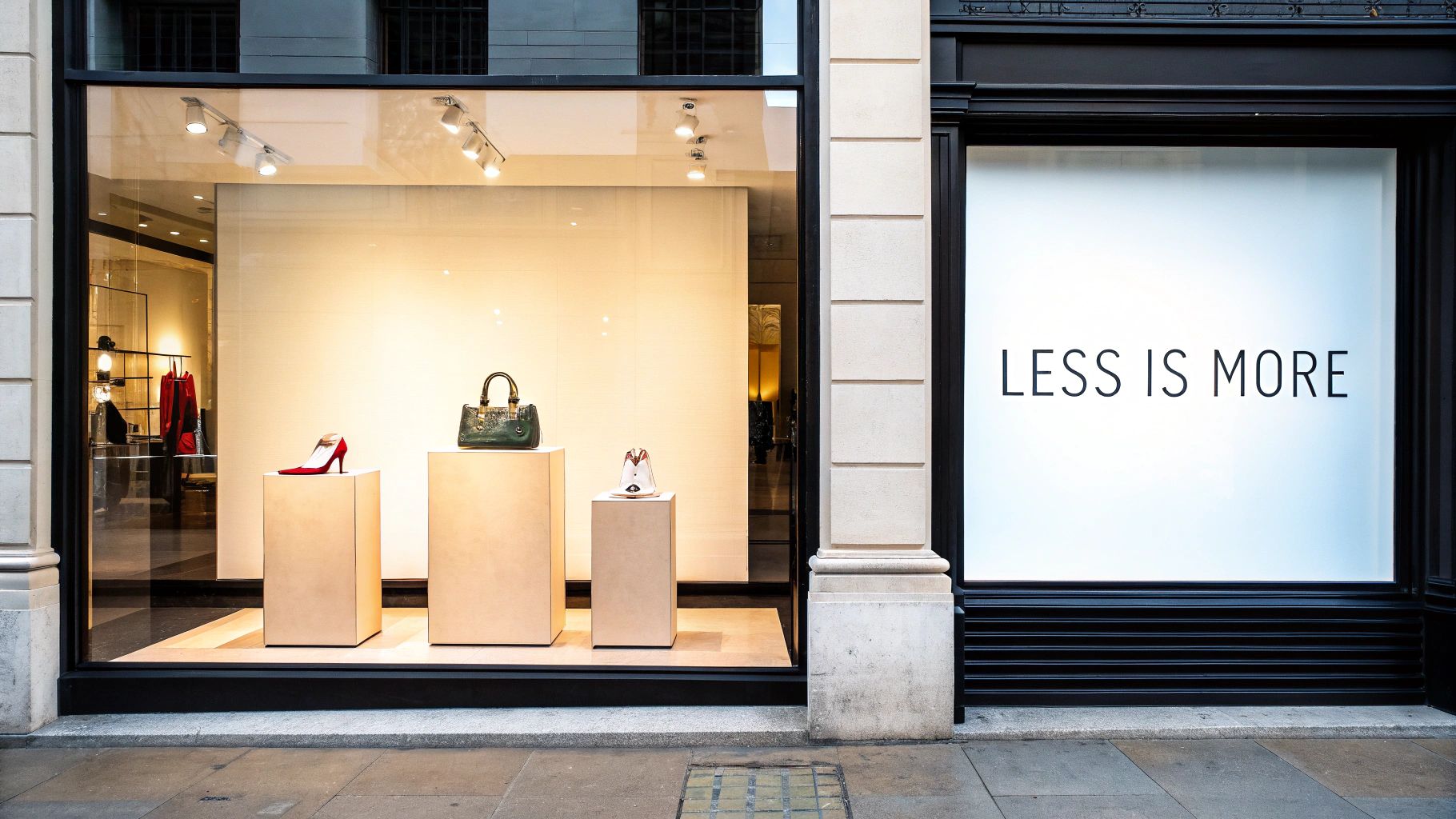 Elegant luxury store window display featuring a red shoe, green handbag, and a "LESS IS MORE" sign.