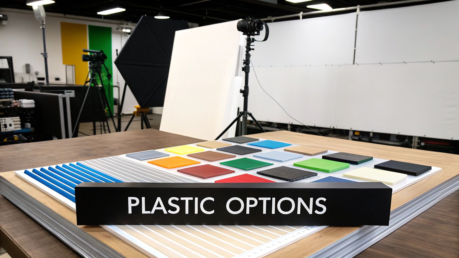 A black sign reading "PLASTIC OPTIONS" is displayed on a table with various colored plastic material samples.