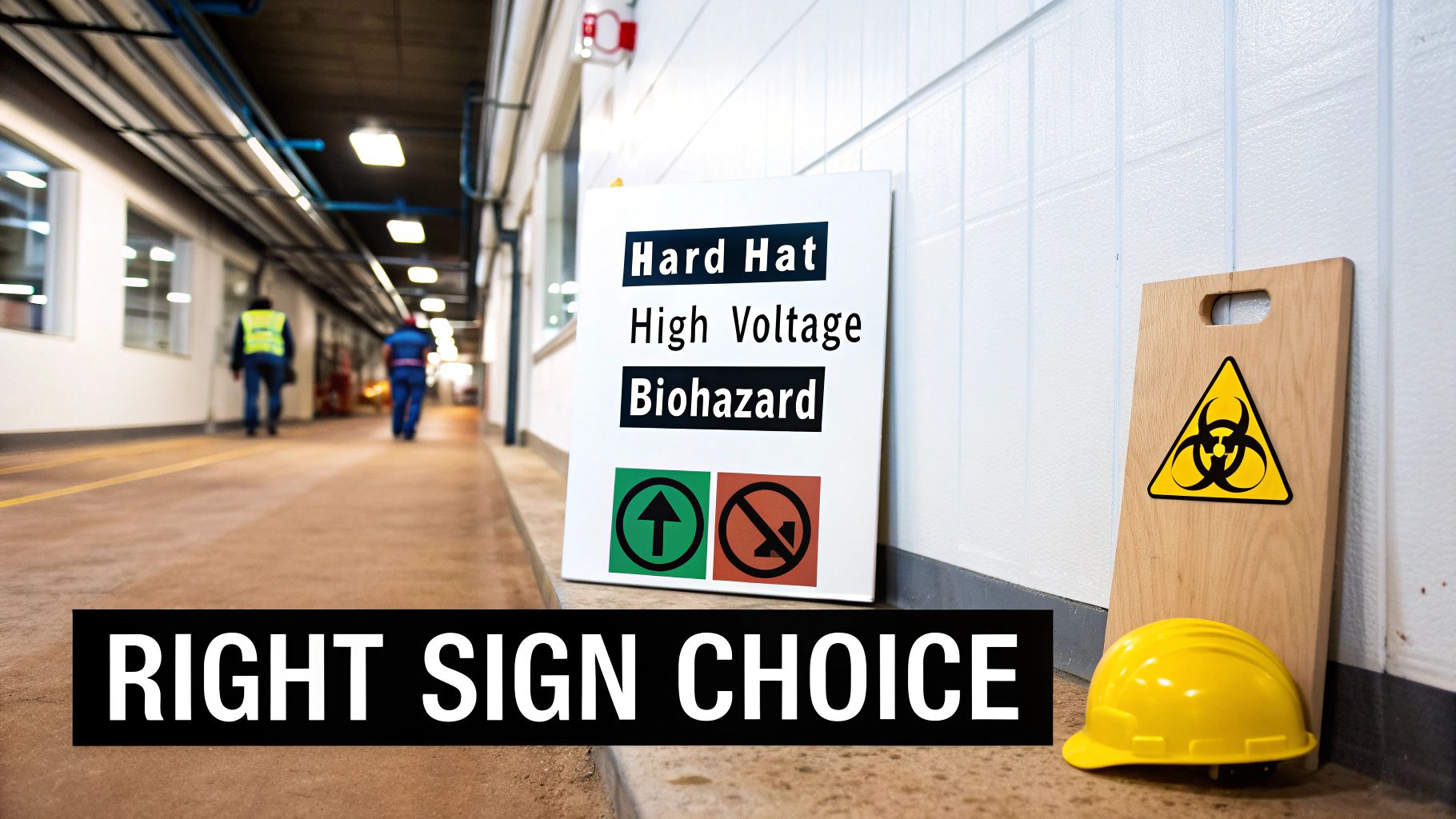 A collage of various safety warning signage, including symbols for biohazard, radiation, and fire extinguishers.