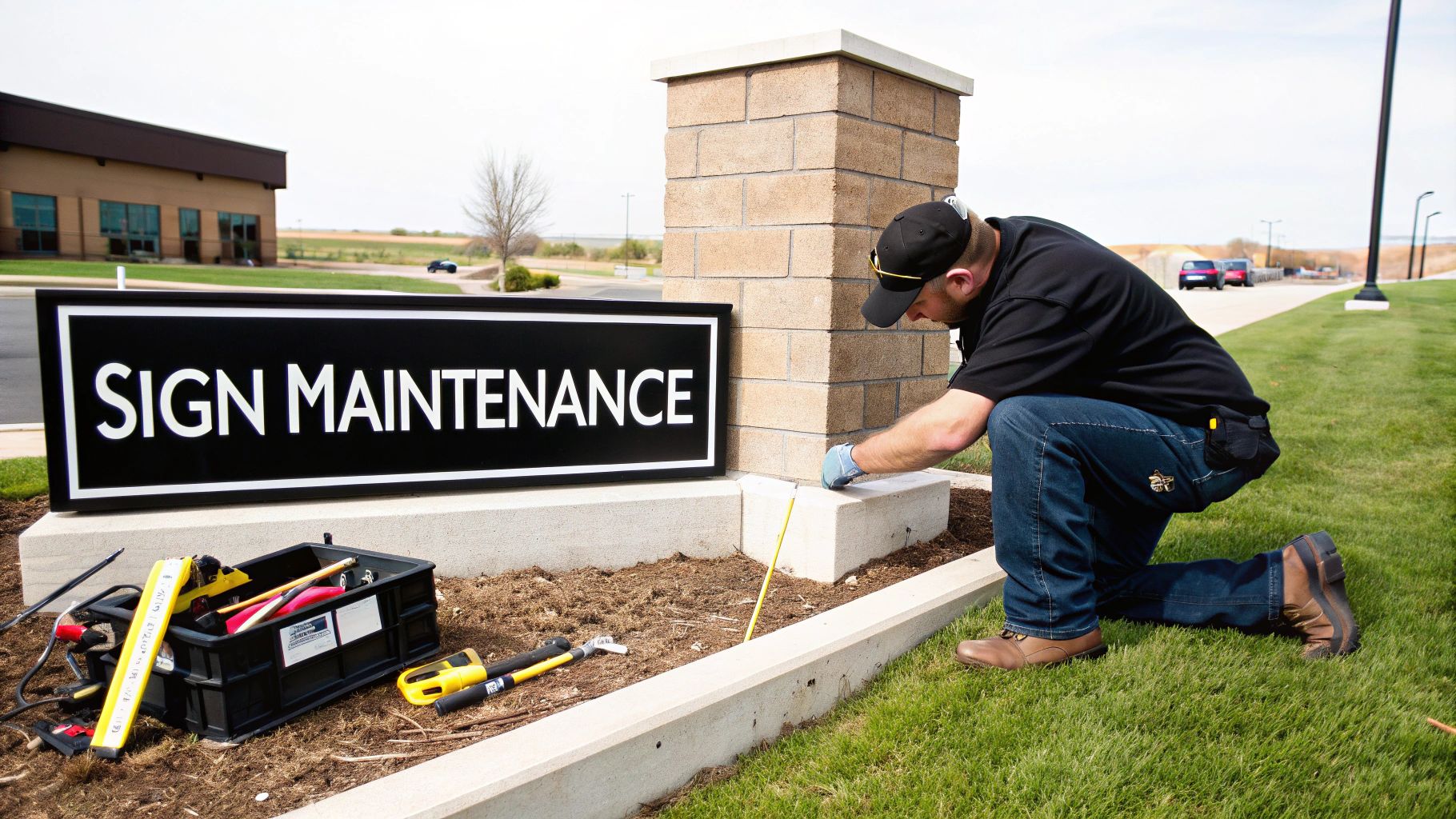 A man in a black shirt and cap kneels, working on a black and white 'SIGN MAINTENANCE' sign.