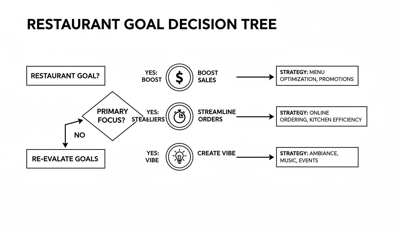 A restaurant goal decision tree flow chart showing strategies to boost sales, streamline orders, or create ambiance.