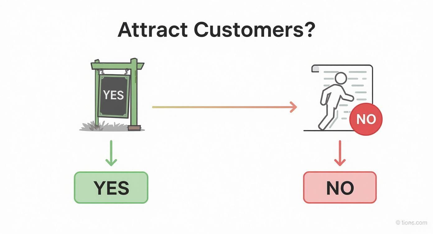 Flowchart showing customer attraction decision path with yes and no outcomes for business strategy