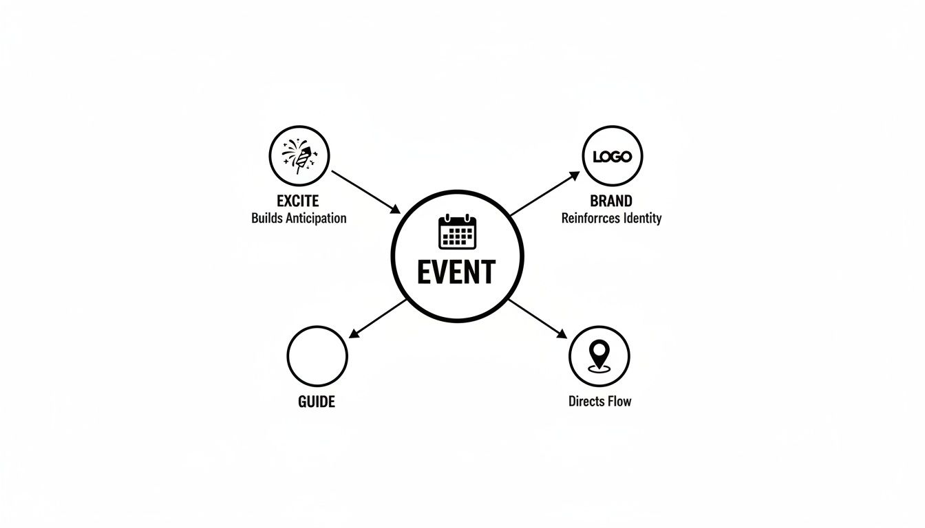 Mind map illustrating four core elements of a successful event: excite, brand, guide, and flow.