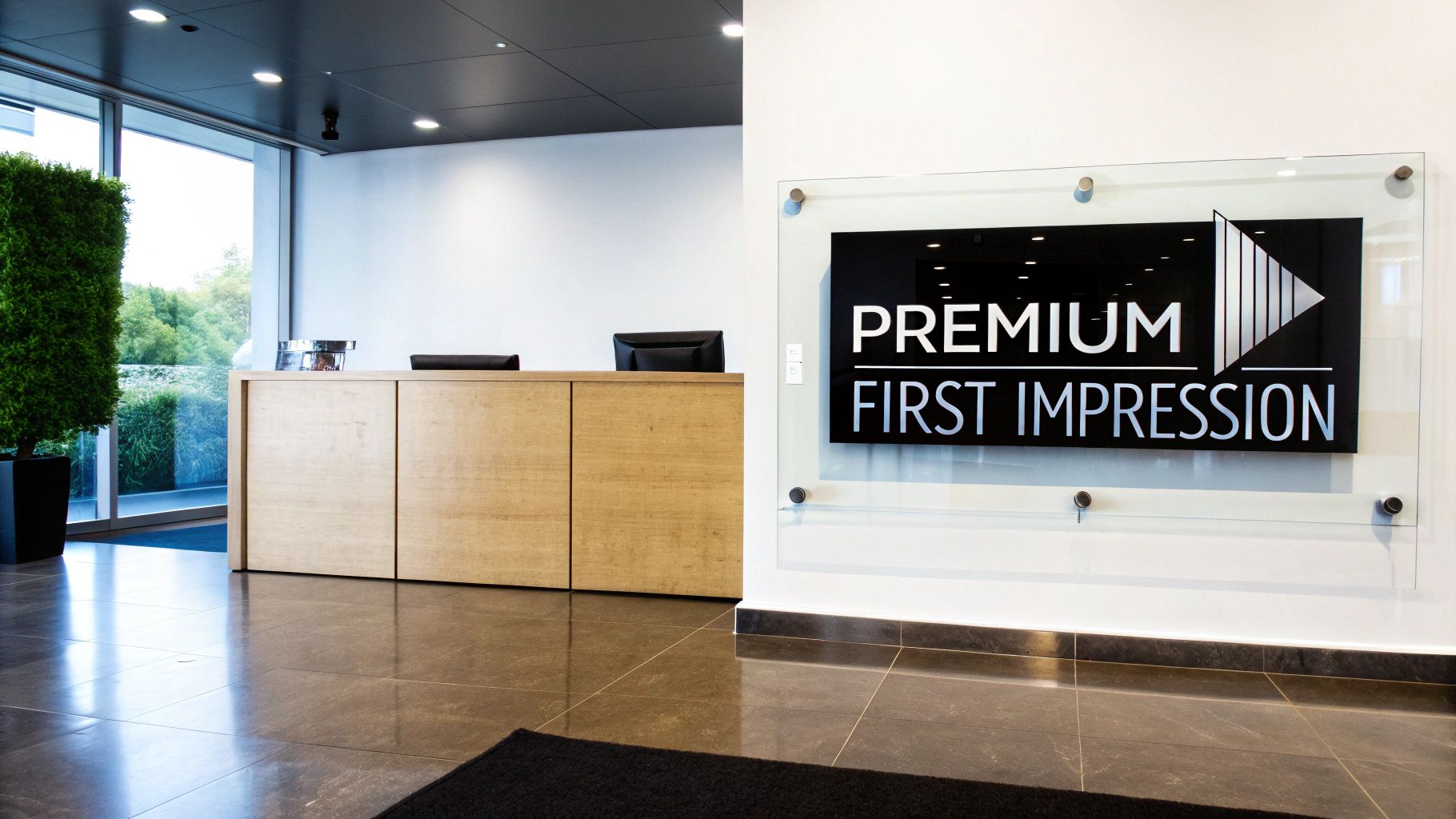 Modern office reception area with a wooden desk and a 'Premium First Impression' sign.