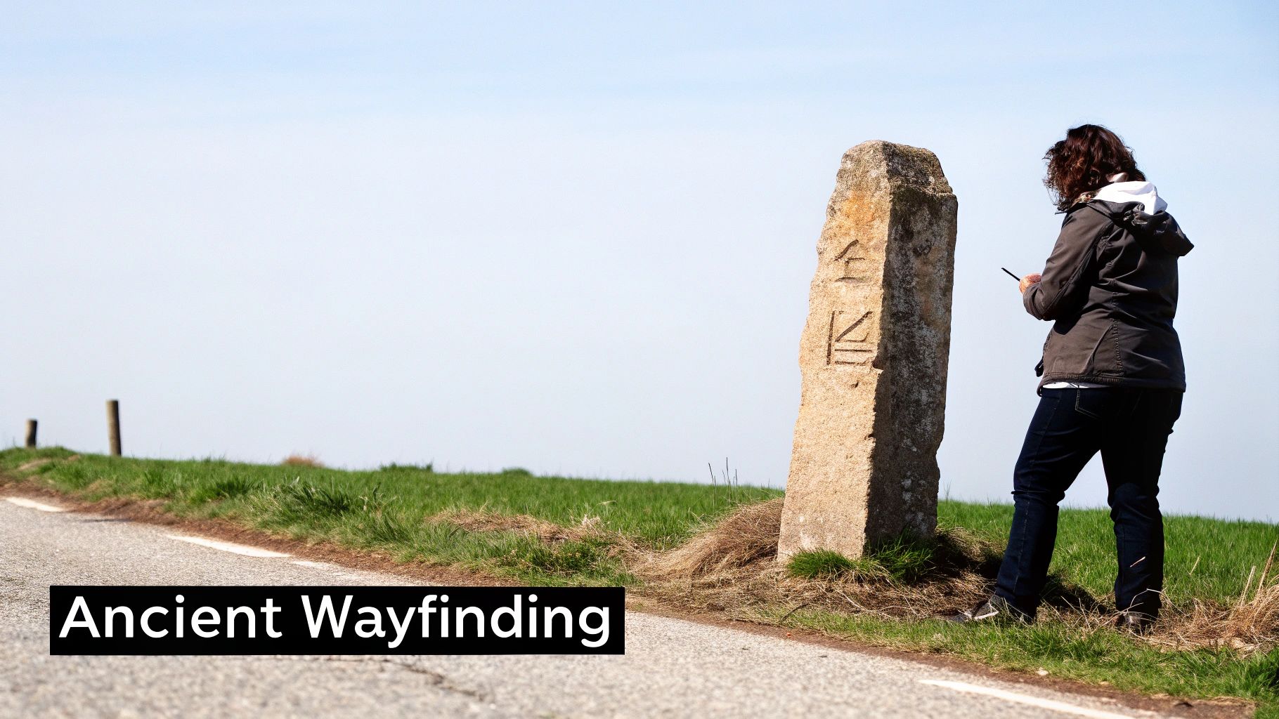 A weathered Roman milestone standing alongside an ancient stone road.