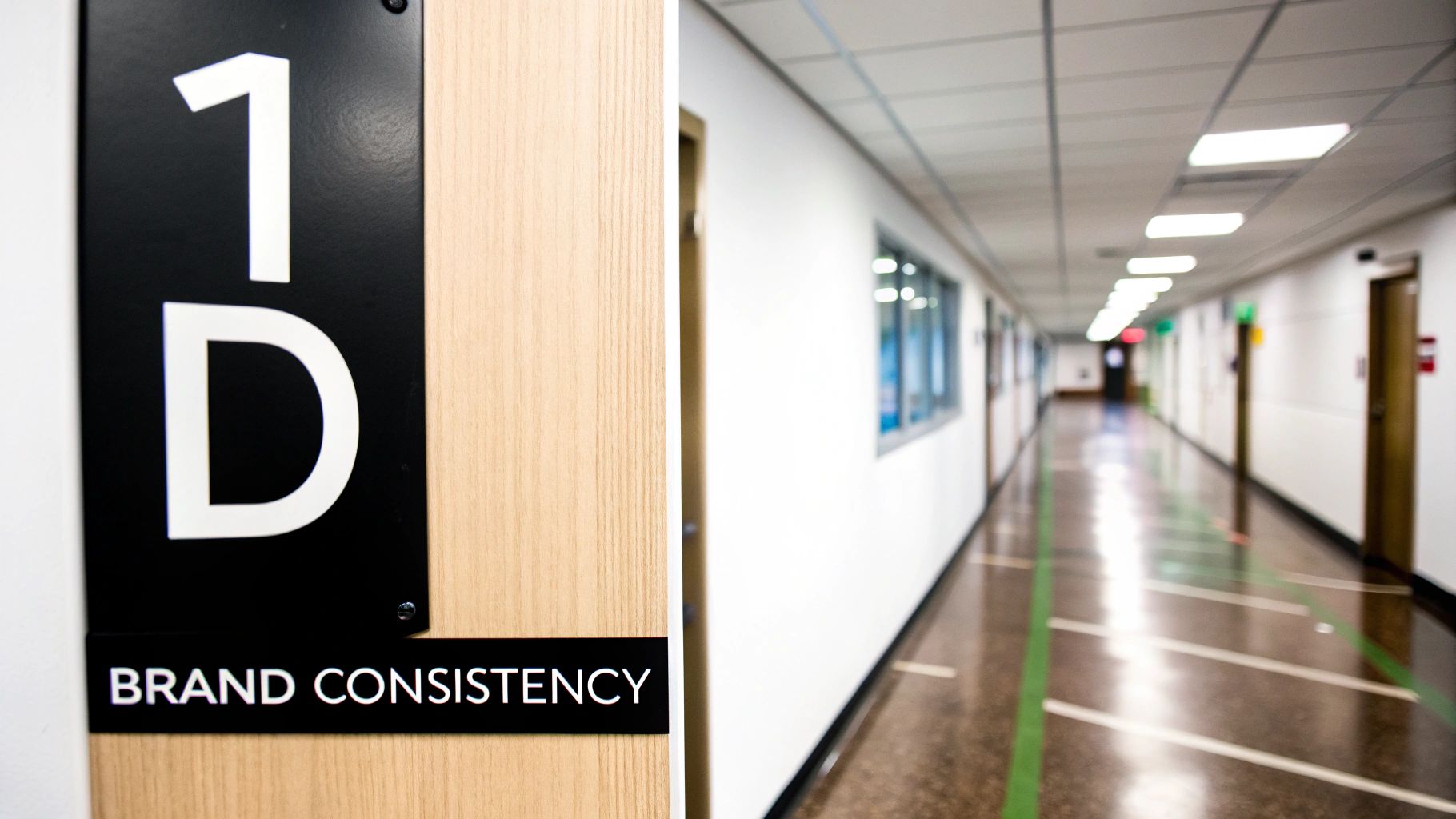 A person pointing at a well-designed interior sign in a modern office building, showcasing clear typography and branding.
