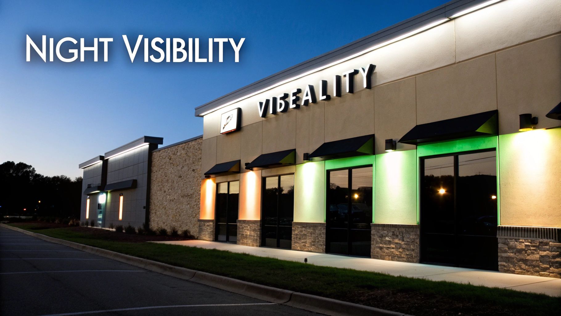 Modern commercial building at night with an illuminated VIBEALITY sign and colorful wall lighting.