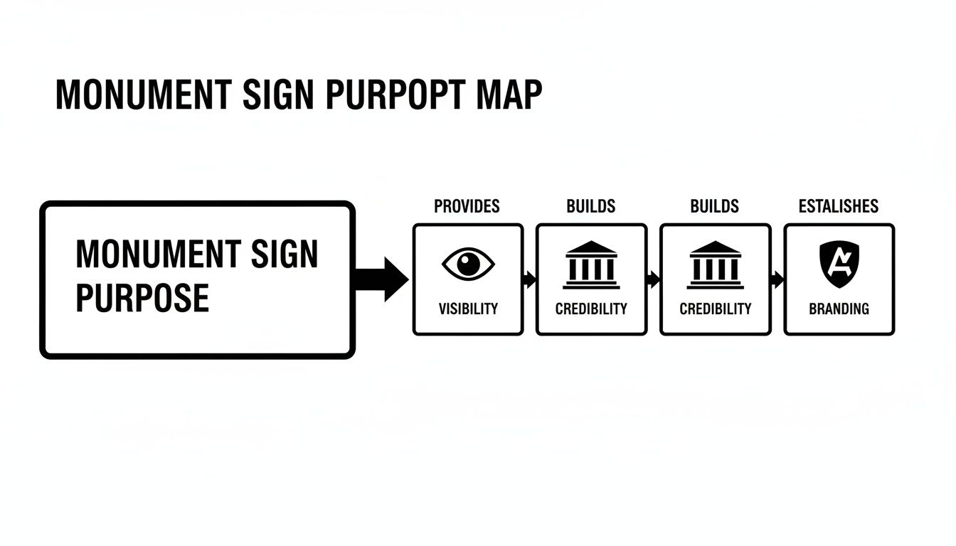 A flow chart illustrating the monument sign purpose, showing it provides visibility, builds credibility, and establishes branding.