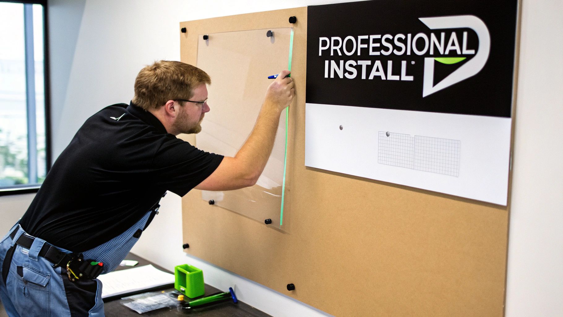 A man marking on a clear acrylic panel during a professional sign installation.