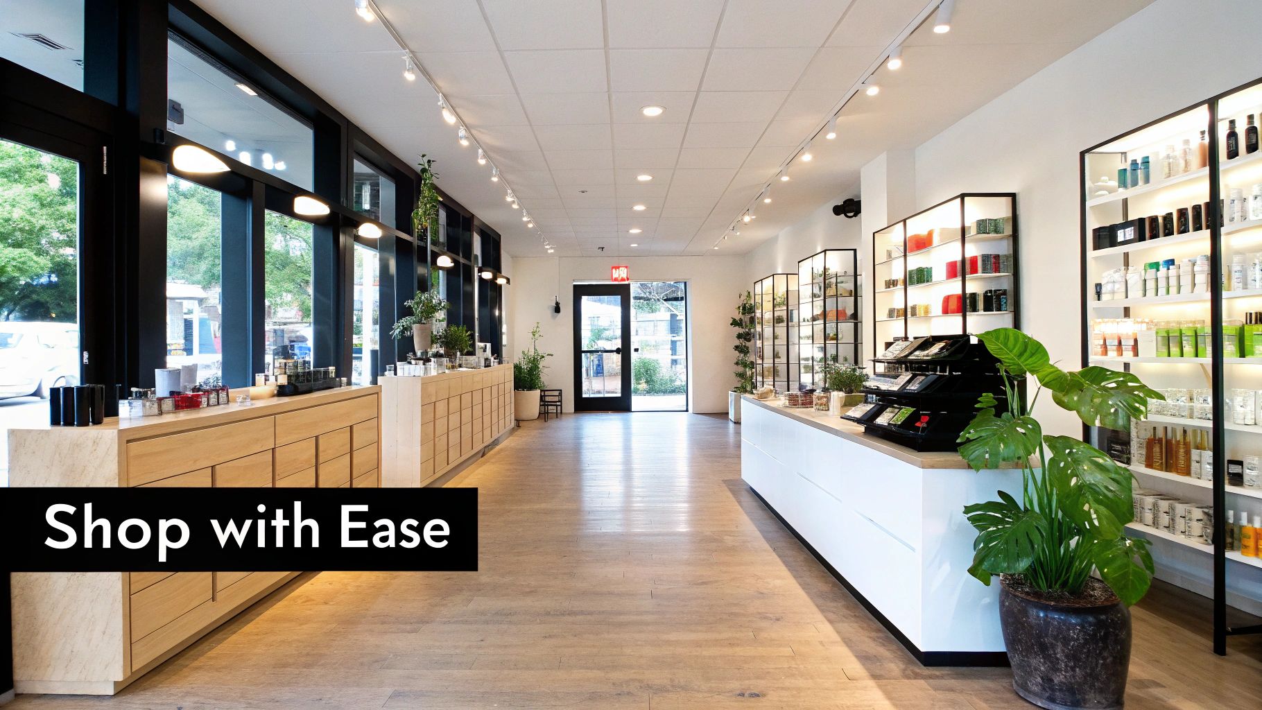 Bright and modern retail store interior with products on shelves, counters, and large windows.