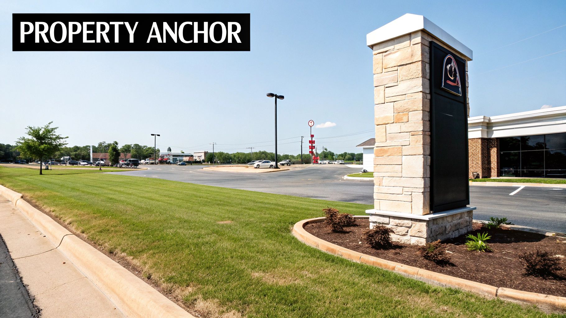 A modern stone monument sign with a business logo stands beside a grassy commercial property.