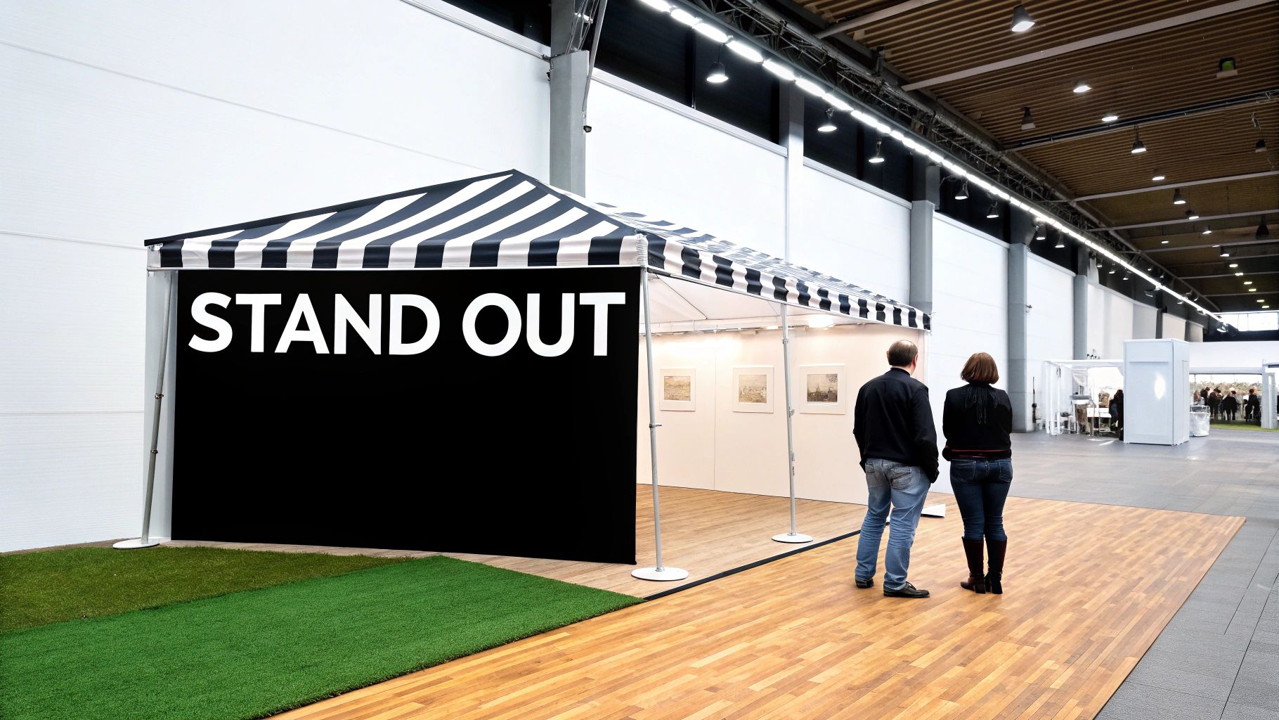 A black and white striped tent with 'STAND OUT' text at a trade show, with two people observing.